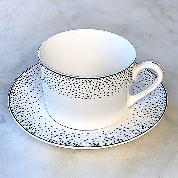 GRACES TEAWARE SILVER METALLIC MICRO DOTS FLAT CUP SAUCER SET NEW PORCELAIN - Picture 2 of 10